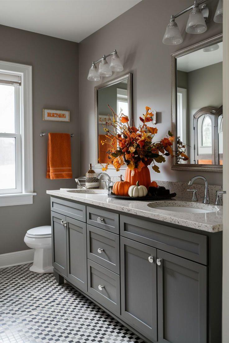 Bagno con mobili grigi e accessori autunnali 