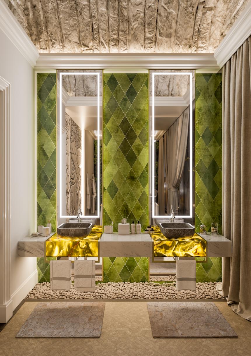 Bagno con piastrelle verdi a rombo