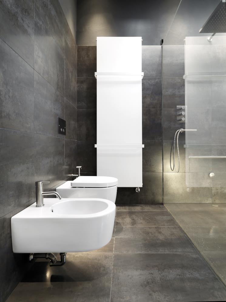 Bagno con pareti e pavimento grigio