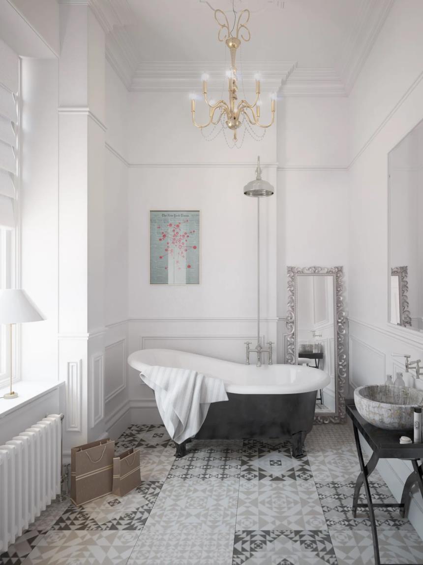 Lampadario scenografico al centro del bagno