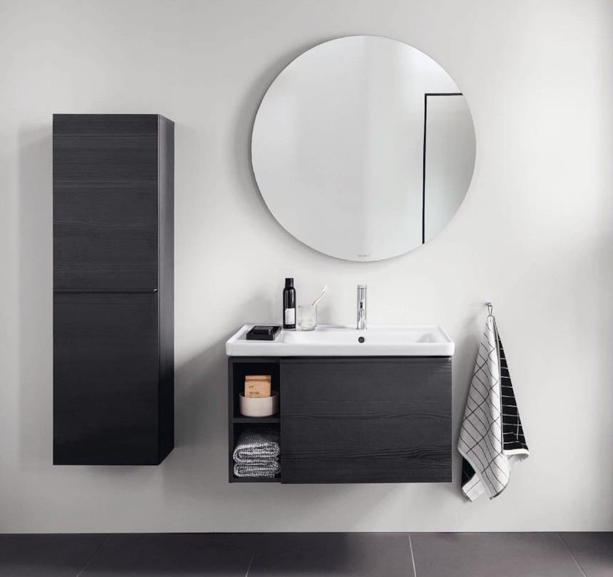 lavabo consolle con mobile e colonna nere e specchio D-Neo di Duravit