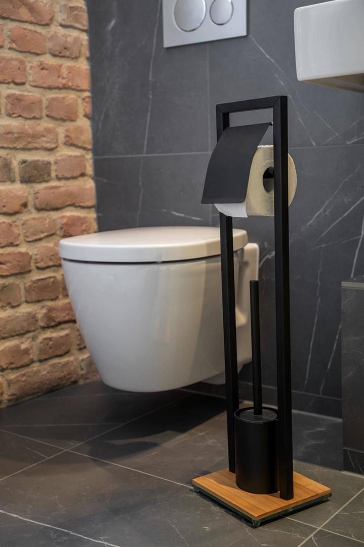 Porta rotolo carta igienica a piantana nero con scopino