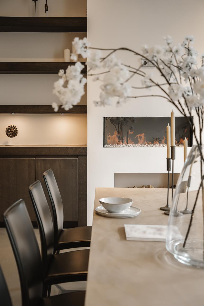 Camino a bioetanolo decorativo in soggiorno collocato su una parete