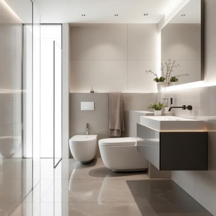 Bagno in resina beige con sanitari e lavao bianchi opachi e mobile sottolavabo in legno