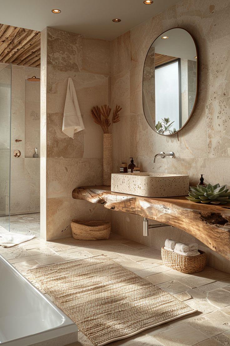Bagno con mobile in legno grezzo e ampia doccia 