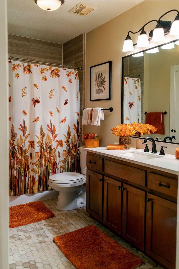 Bagno con mobile in legno e tenda con illustrazione autunnale 