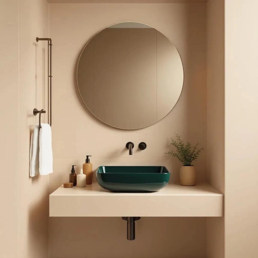 bagno biege con lavabo da appoggio verde scuro