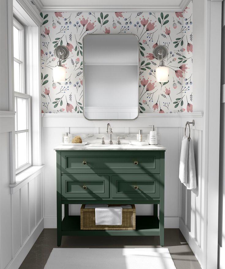 Carta da parati floreale con fiori rosa per il bagno