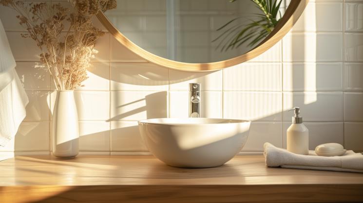 Piastrelle bianche dietro il mobile portalavabo in legno