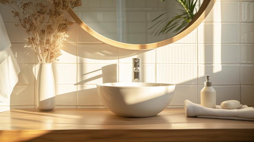 Piastrelle bianche dietro il mobile portalavabo in legno 