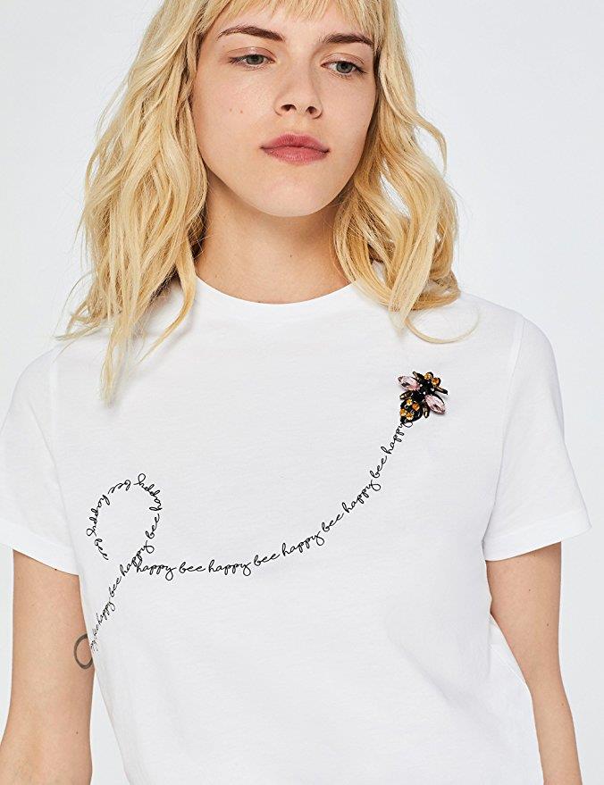 T-Shirt donna Amazon con scritta Bee Happy Maglietta bianca da donna Amazon con scritta Bee Happy