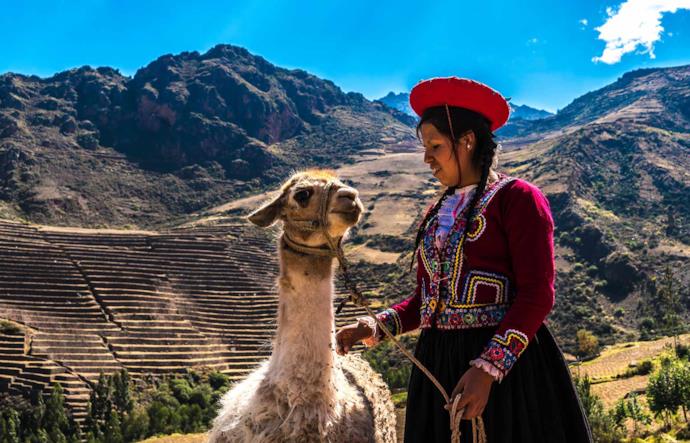 Peruvian girl with llama in Peru