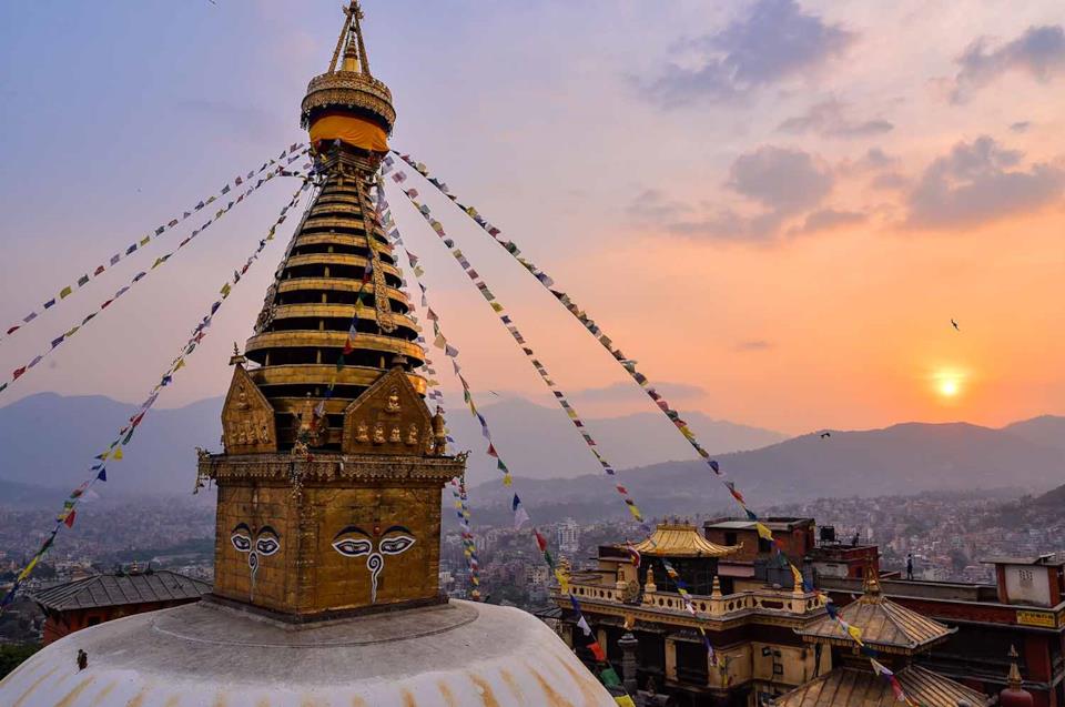A temple in Nepal during sunset