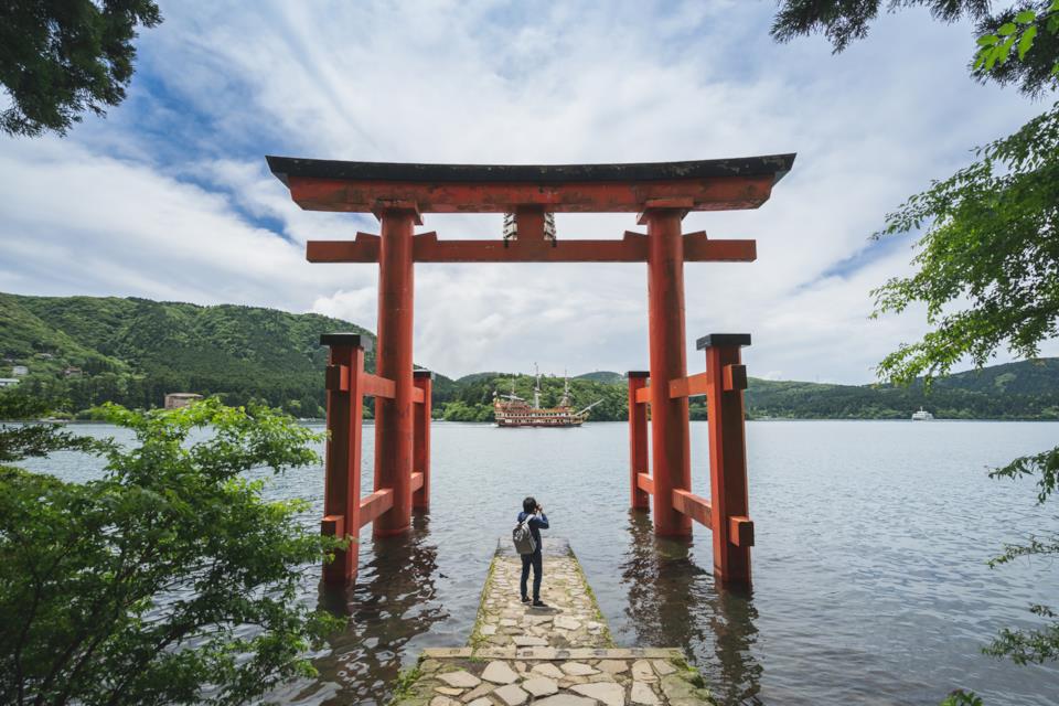 Tourist taking a photo of a Torii gate in Japan