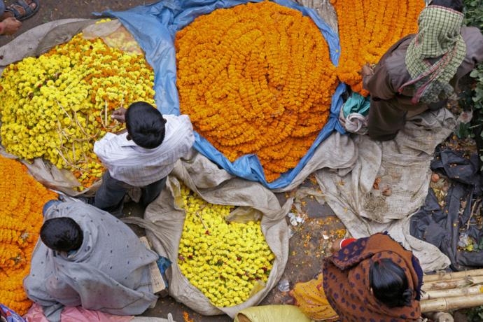 Merchants with yellow and orange flowers in India