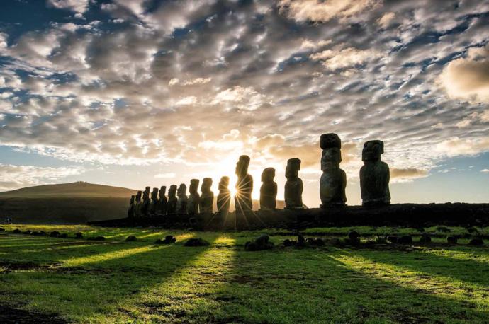 Moais in Easter Island at sunset, Chile