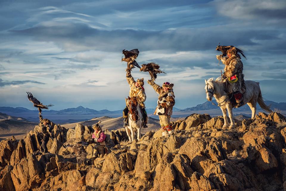 Mongolian hunters with eagles