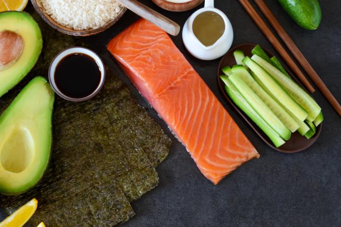 Sushi ingredients like salmon and avocado