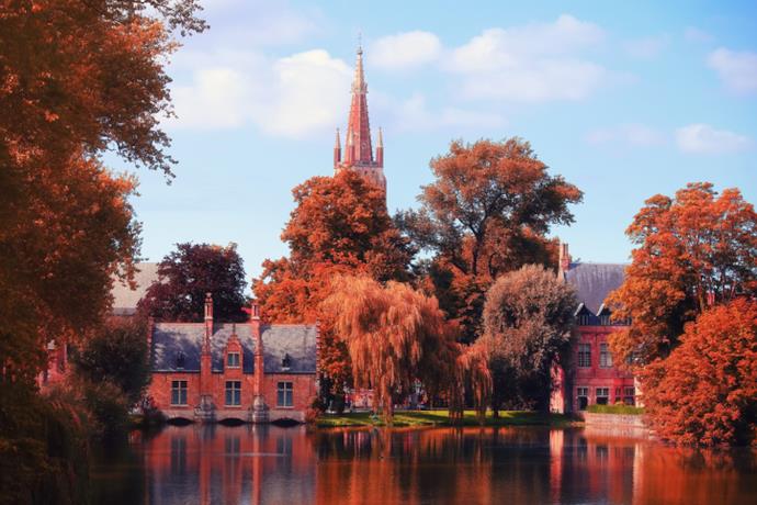 Un nagolo incantato di Bruges con alberi dalle foglie rosse.