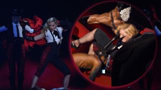 Madonna cade sul palco dei Brit Awards 2015, ma la colpa è di Armani!